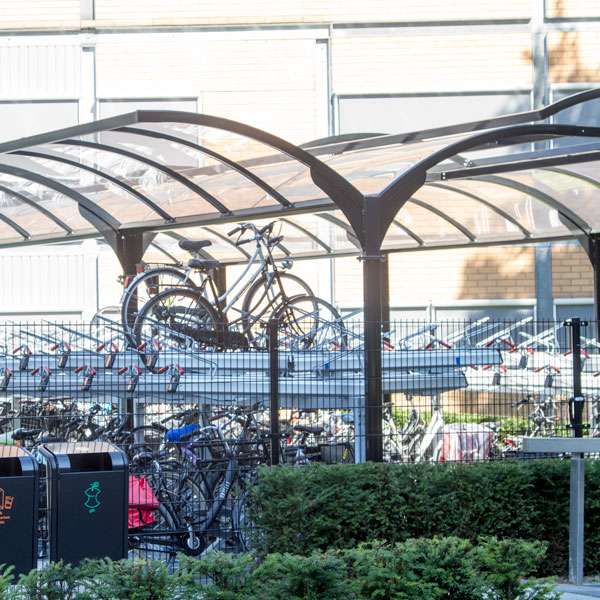 Shelters, Canopies, Walkways and Bin Stores | Shelters for Two-Tier Cycle Racks | FalcoGamma 2Hi double-sided shelter for Two Tier Cycle Racks | image #7 |  shelter-two-tier-cycle-rack-cycle-parking