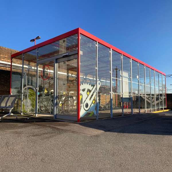 Shelters, Canopies, Walkways and Bin Stores | Shelters for Two-Tier Cycle Racks | Falco Cycle Hub | image #19 |  Birmingham International Station Cycle Hub