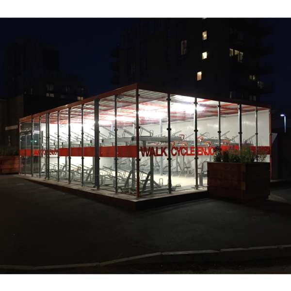 Shelters, Canopies, Walkways and Bin Stores | Shelters for Two-Tier Cycle Racks | Falco Cycle Hub | image #34 |  Cycle Hub at Night