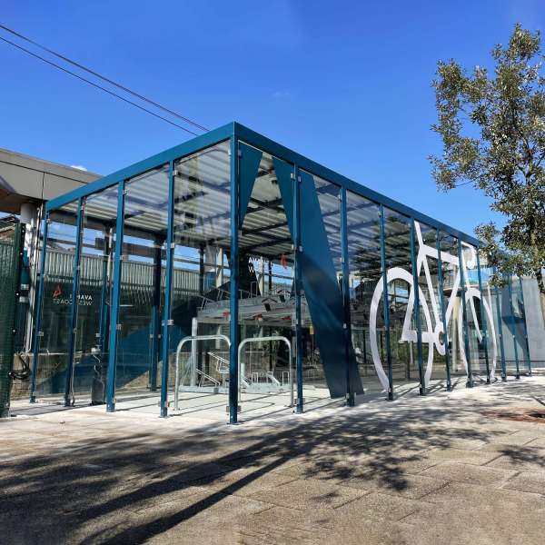 Shelters, Canopies, Walkways and Bin Stores | Shelters for Two-Tier Cycle Racks | Falco Cycle Hub | image #3 |  Cycle Hub Stockport Station