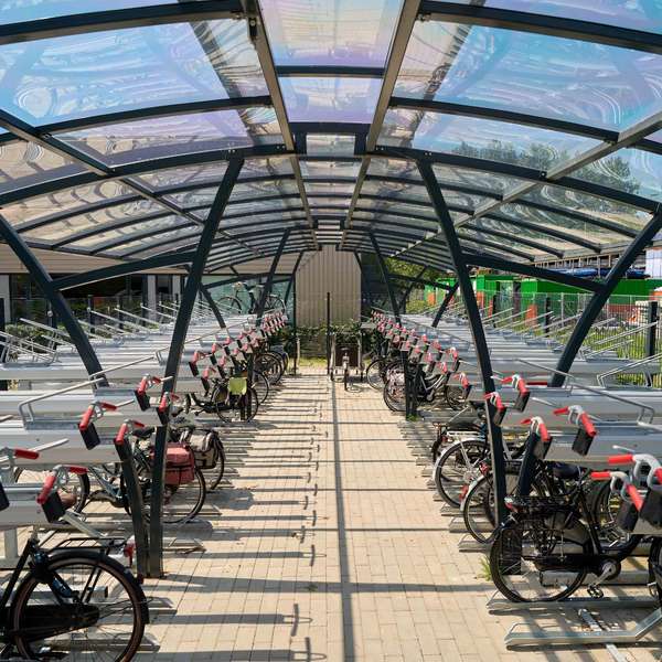 Shelters, Canopies, Walkways and Bin Stores | Shelters for Two-Tier Cycle Racks | FalcoRail Cycle Shelter | image #4 |  Cycle Parking
