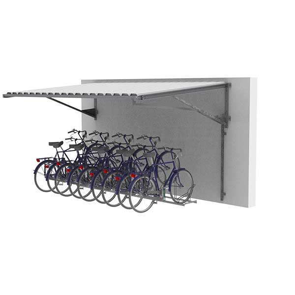 FalcoLempo Luifel met goot bevestigd aan een bakstenen muur, ideaal voor flexibele en duurzame overkapping van fietsen en opslag.