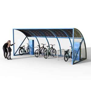 Shelters, Canopies, Walkways and Bin Stores | Cycle Shelters | FalcoQuarter Solar-Charge Cycle Shelter | image #1| Solar Powered e-Bike Charging Cycle Shelter