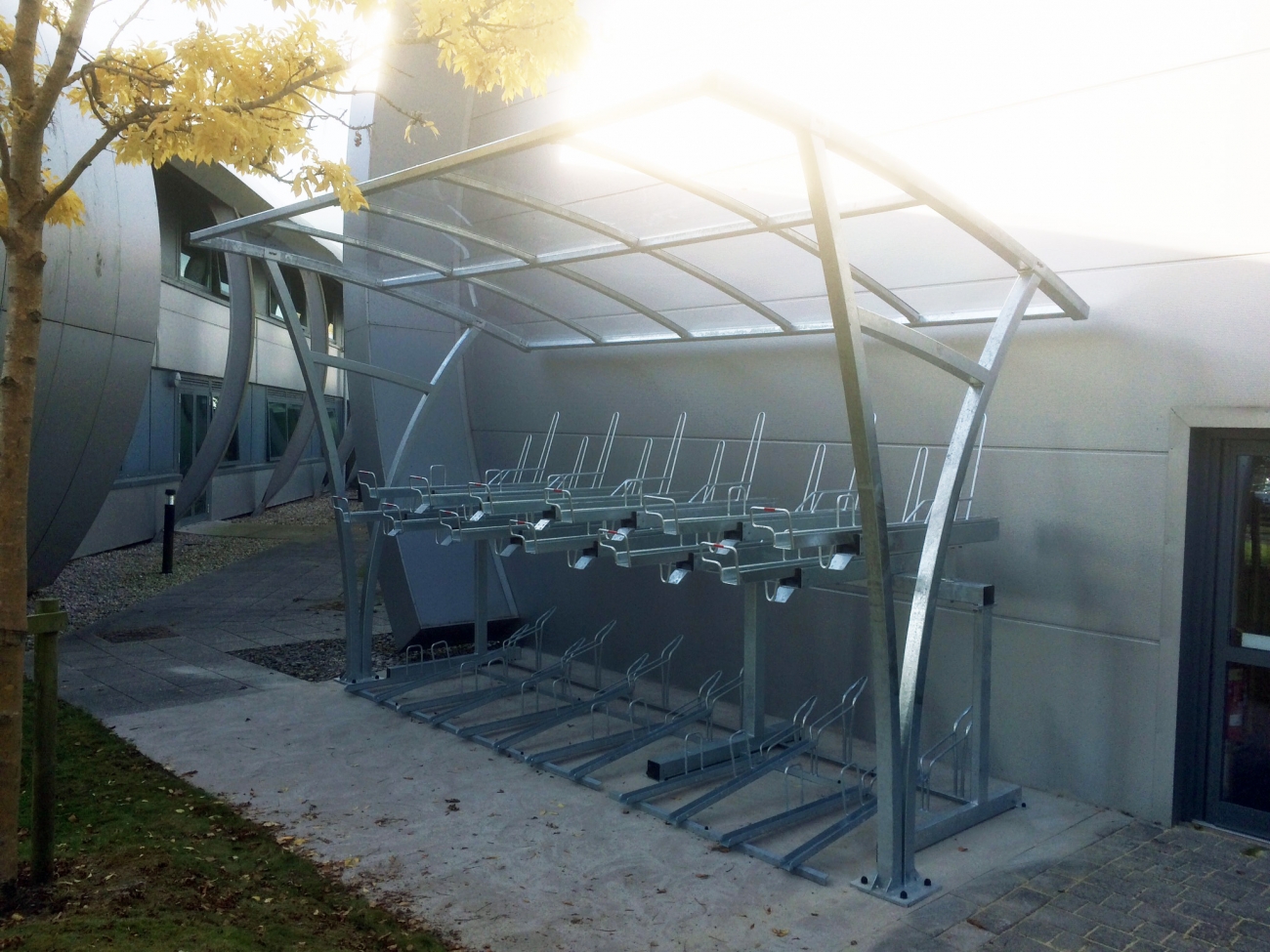 Contemporary FalcoRail Cycle Canopy and Two-Tier Cycle Racks for Cumbria County Council