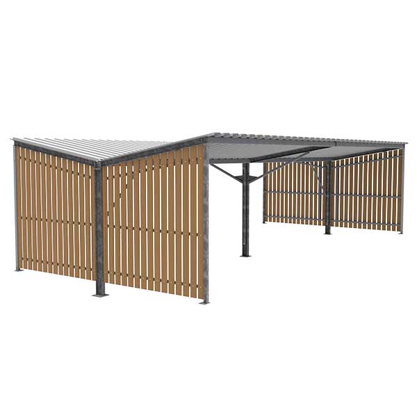 FalcoLempo dubbelzijdige overkapping zonder kolommen, ideaal voor efficiënte en duurzame fiets- en scooteropslag.